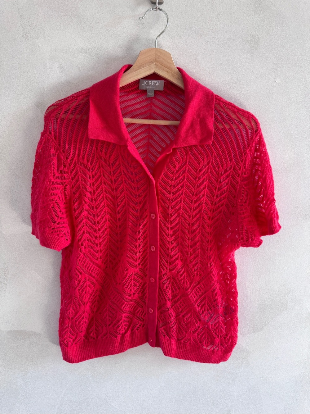 J. Crew - Cashmere Open-Knit Short Sleeve Cardigan in Berry Red
